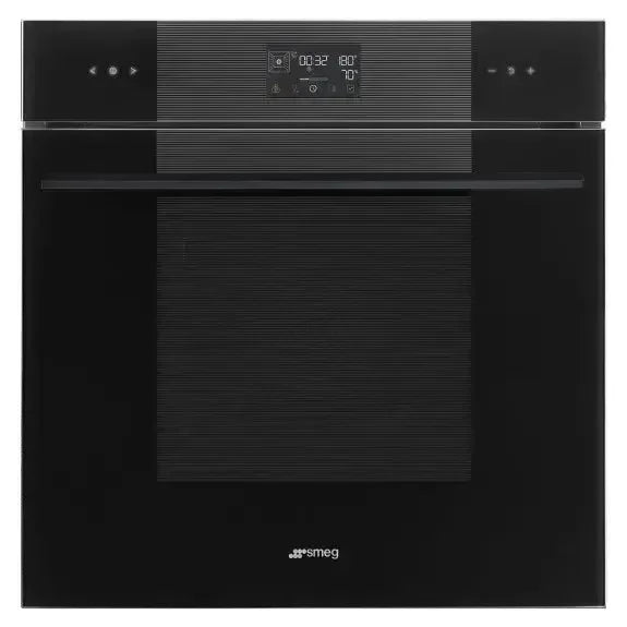 Sleek black Smeg built-in oven with digital display, perfect for modern designer kitchens