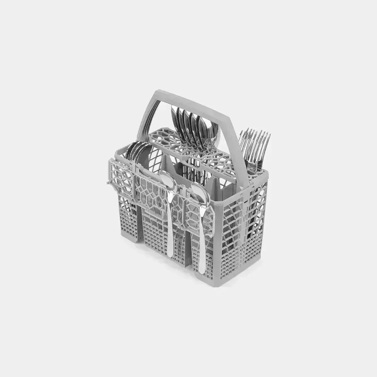 Gray dishwasher silverware basket with forks, spoons, and knives organized for kitchen appliance use