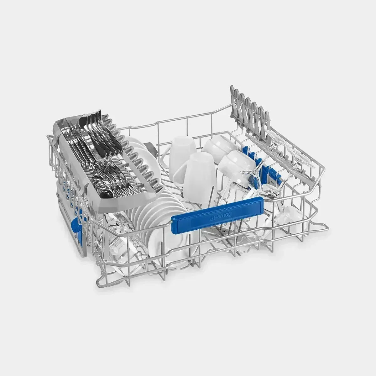 Dishwasher rack loaded with clean plates, cups, and silverware, featuring blue adjustable tines for versatile dishwashing.