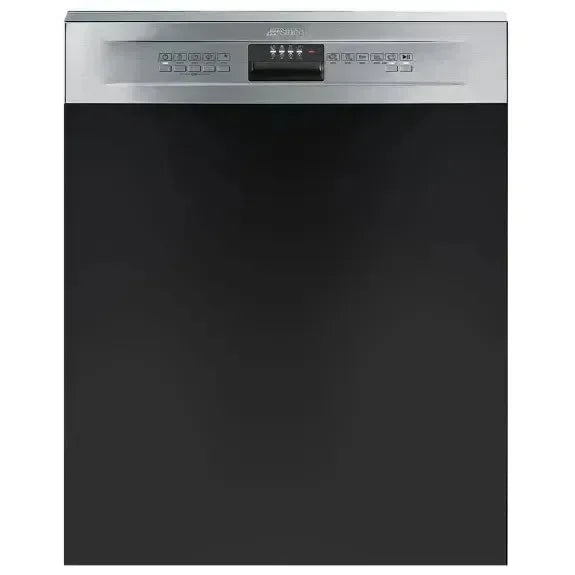 Stainless steel built-in dishwasher with black panel and digital controls for modern kitchen appliances