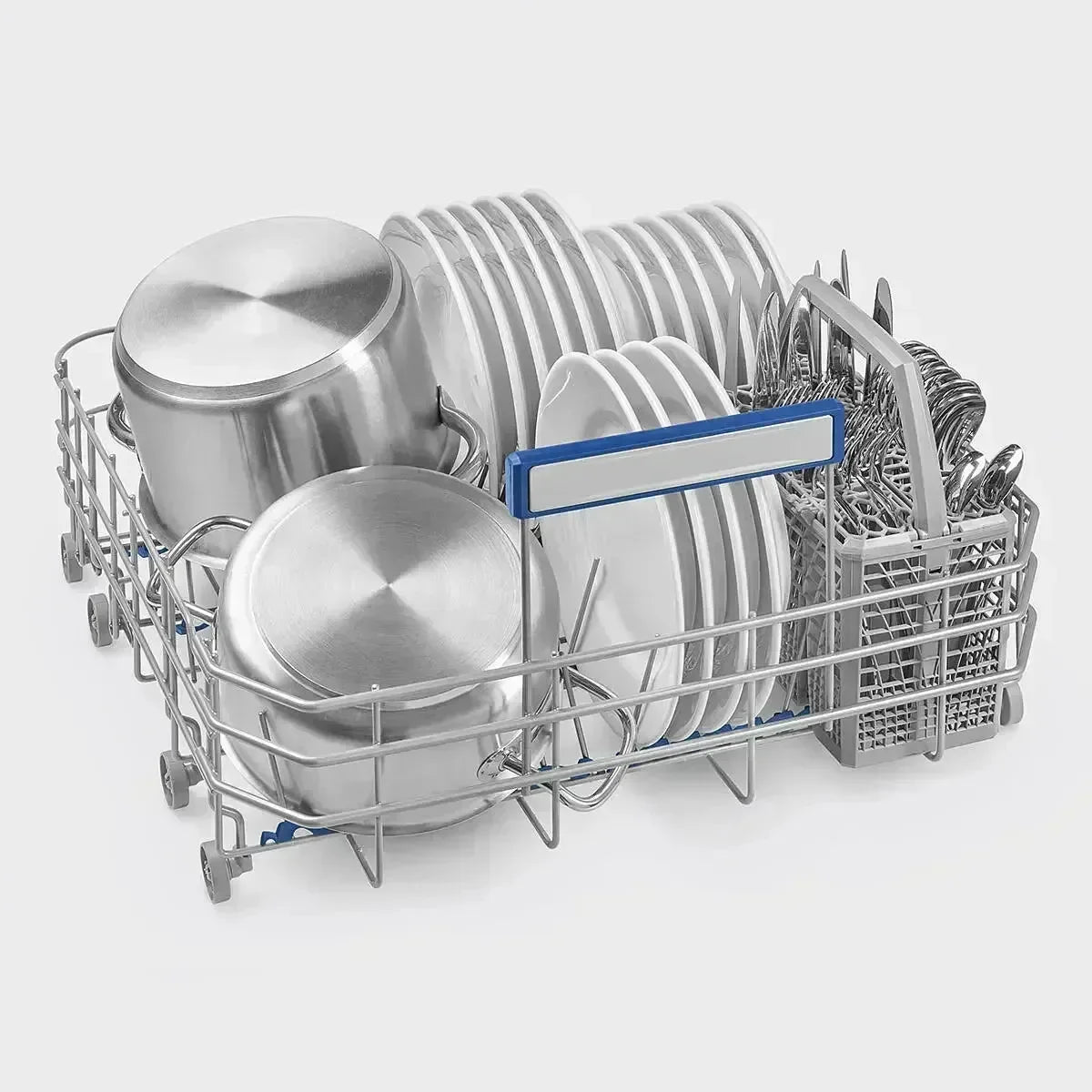 Dishwasher rack loaded with clean pots, plates, and silverware for kitchen convenience