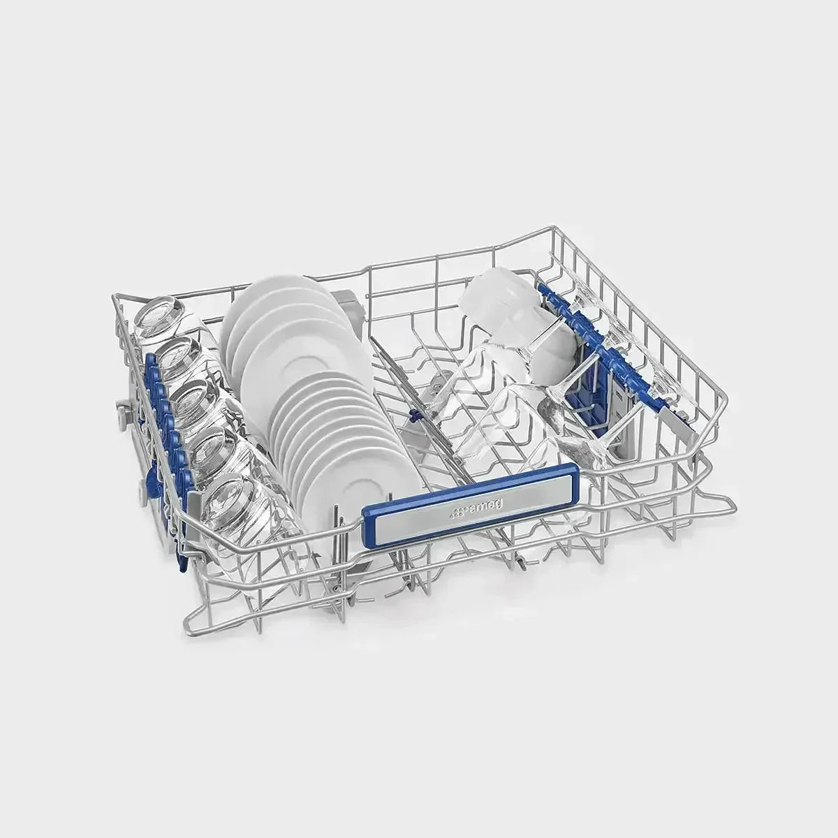 Dishwasher rack loaded with clean plates, glasses, and bowls, featuring blue adjustable tines for versatile dish placement.