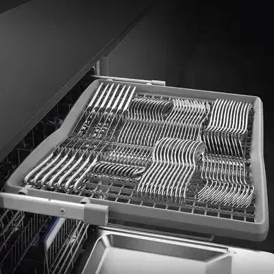 Open dishwasher with neatly arranged silverware in racks, showcasing clean, modern kitchen appliance design