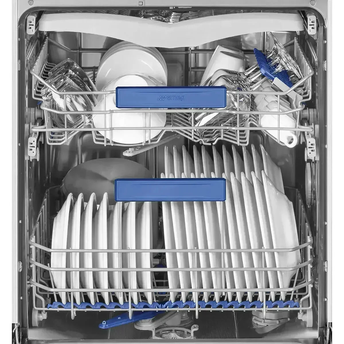 Smeg dishwasher interior with blue handles, loaded with clean plates, glasses, and utensils