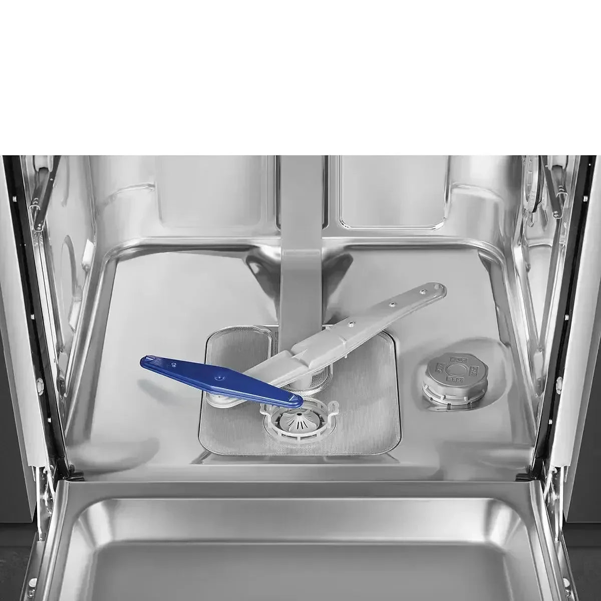 Stainless steel dishwasher interior with blue and white spray arms and salt dispenser