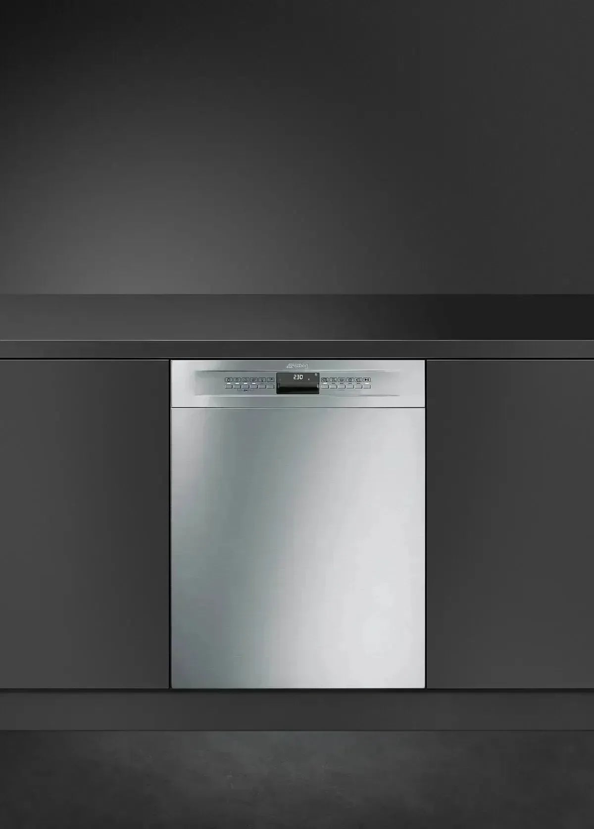 Stainless steel built-in dishwasher in modern kitchen with sleek black cabinetry