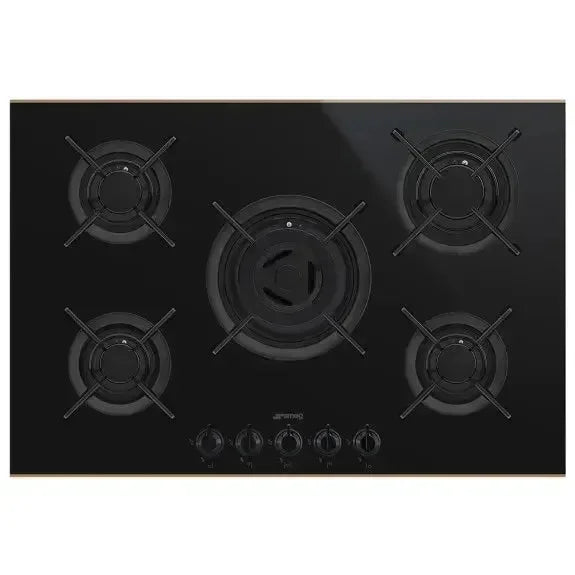 Black glass gas cooktop with five burners and control knobs for modern kitchen appliances