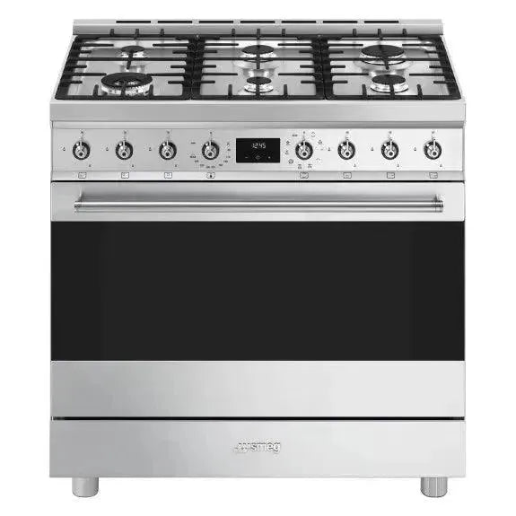 Stainless steel 5-burner gas range with oven, modern kitchen appliance for designer kitchens