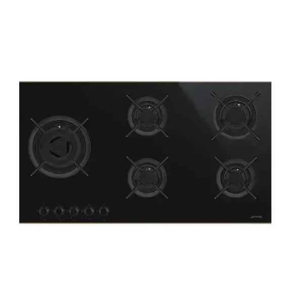Black glass gas cooktop with five burners and front controls for modern kitchen appliances