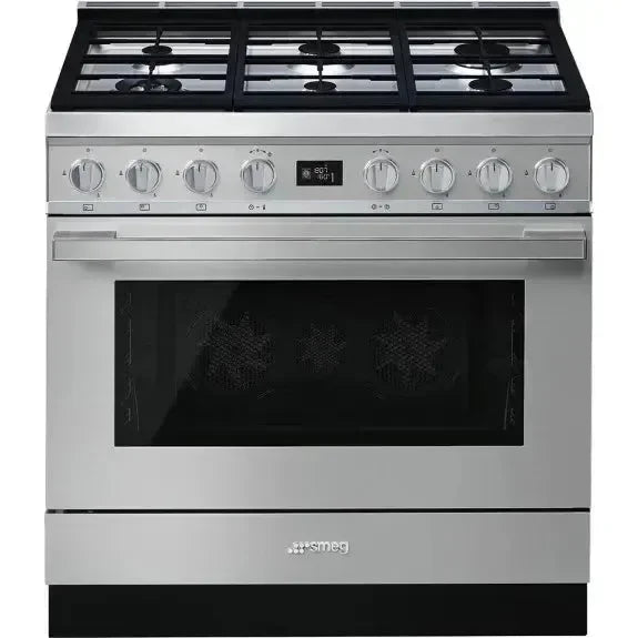 Stainless steel Smeg gas range with oven, perfect for designer kitchens and home cooking