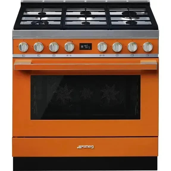 Vibrant orange Smeg gas range with stainless steel knobs and oven, perfect for designer kitchens