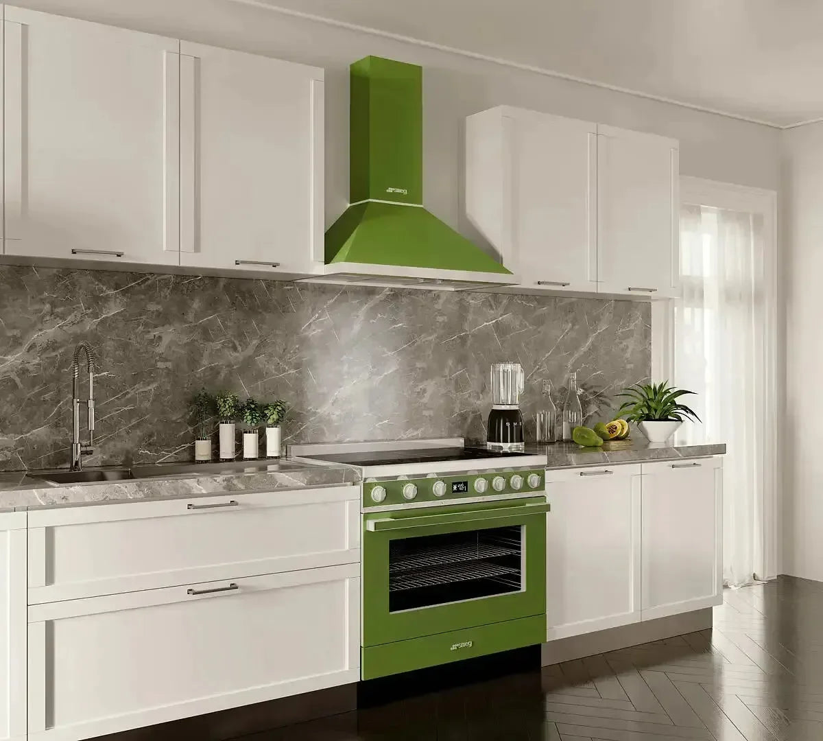 Green range hood and oven in modern white kitchen with marble backsplash