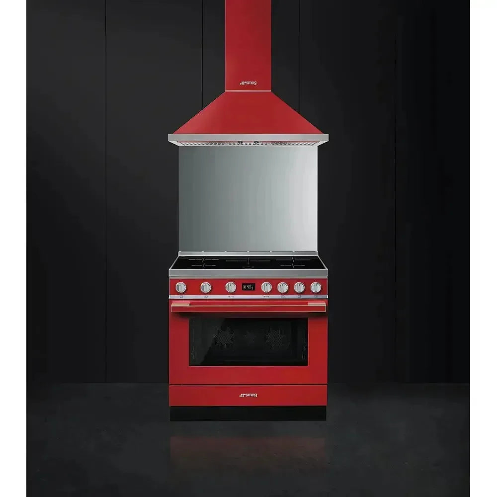 Vibrant red Smeg range cooker with matching hood, sleek stainless steel accents, modern kitchen appliance