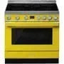 Vibrant yellow electric range with stainless steel trim, perfect for modern kitchen appliance upgrades.