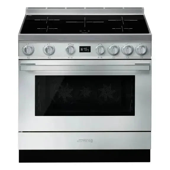 Stainless steel electric range with induction cooktop and oven, modern kitchen appliance