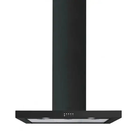 Sleek black chimney range hood with LED lights and control panel, modern kitchen ventilation