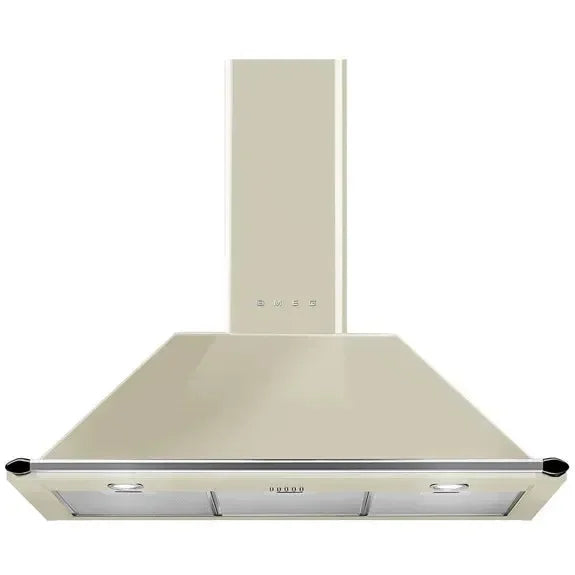 Cream-colored European-style kitchen range hood with sleek design and integrated lighting