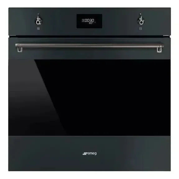 Sleek black Smeg built-in oven with digital display and stainless steel handle for modern kitchen design