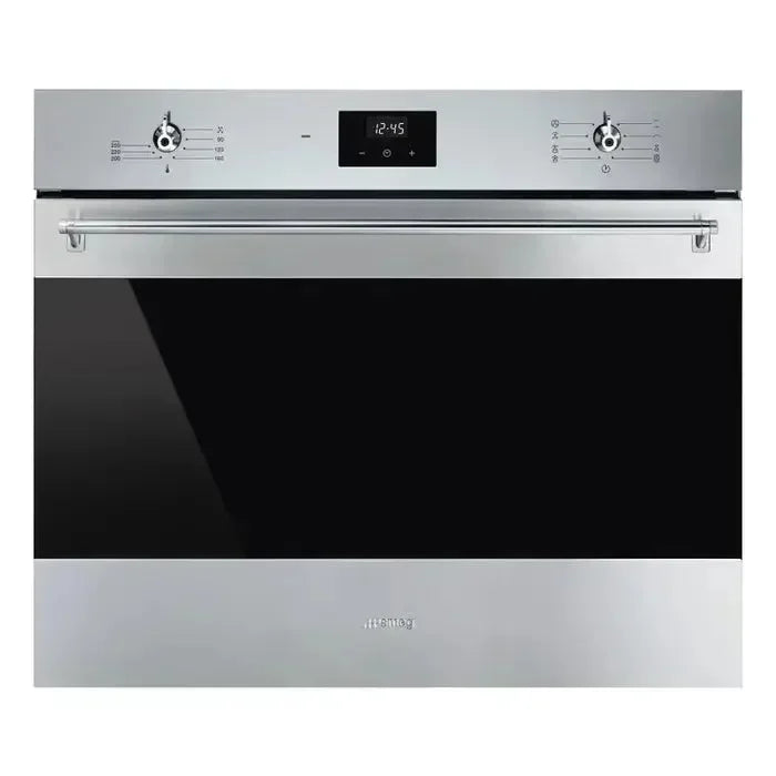 Stainless steel built-in oven with digital display and rotary controls, sleek black glass door