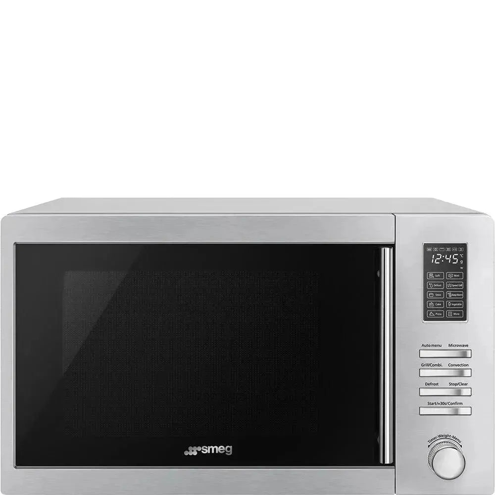 Stainless steel Smeg microwave oven with digital controls and convection settings for modern kitchen appliances