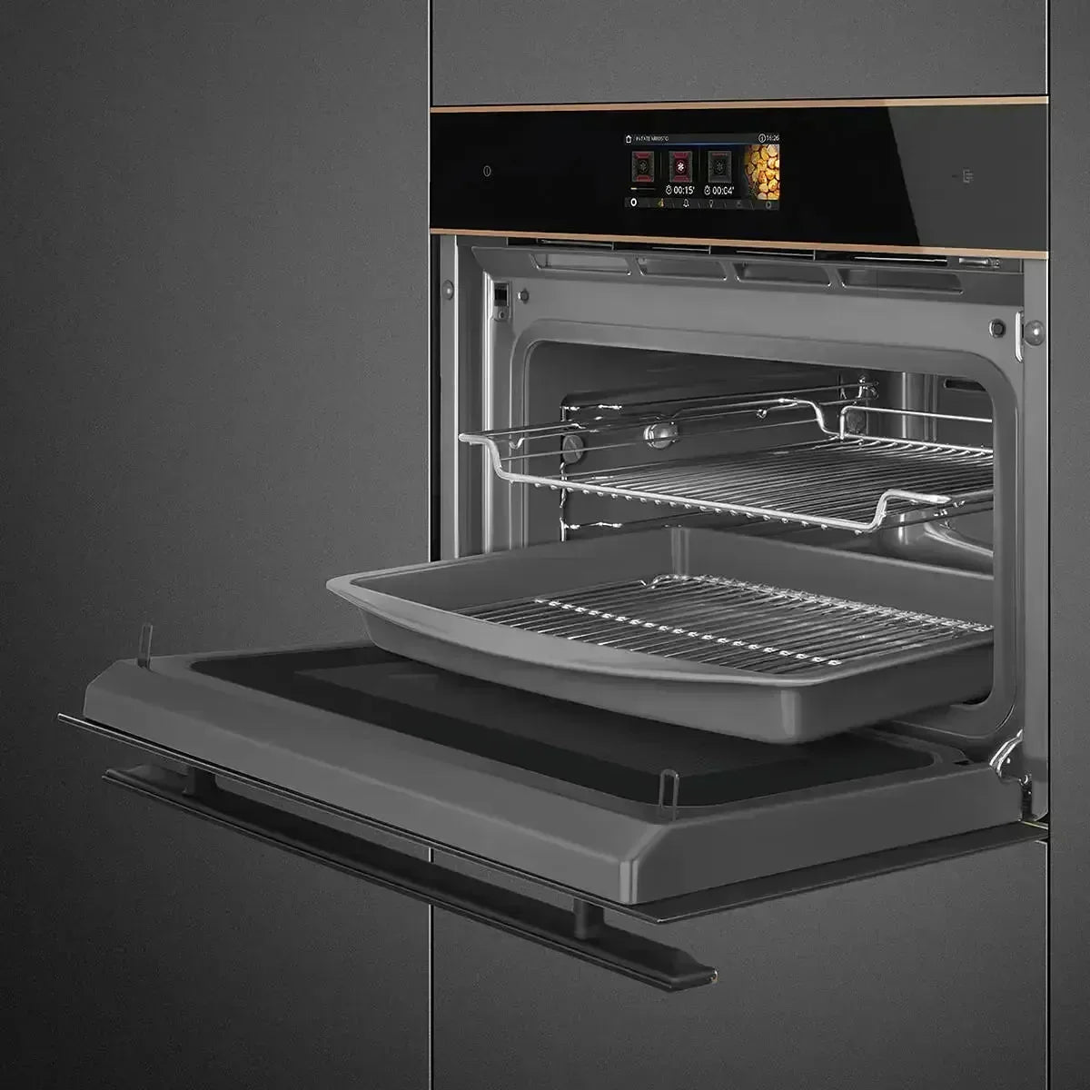Modern built-in oven with digital display, open door, and baking tray inside, perfect for designer kitchens