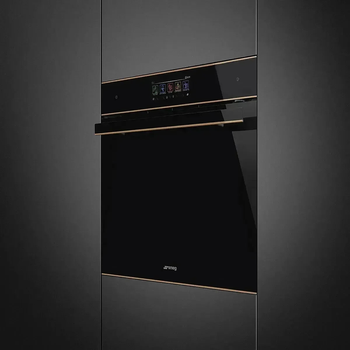Sleek black Smeg built-in oven with gold trim, modern kitchen appliance for designer kitchens