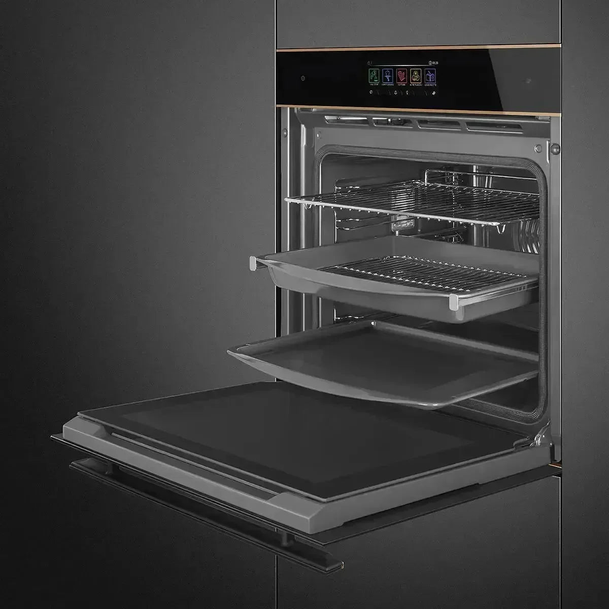 Modern built-in oven with digital display, open door, and multiple racks for kitchen appliance gallery