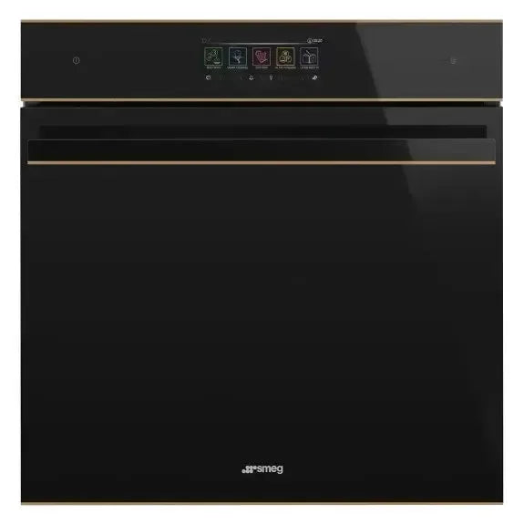 Sleek black Smeg built-in oven with gold trim and digital controls for modern kitchen design