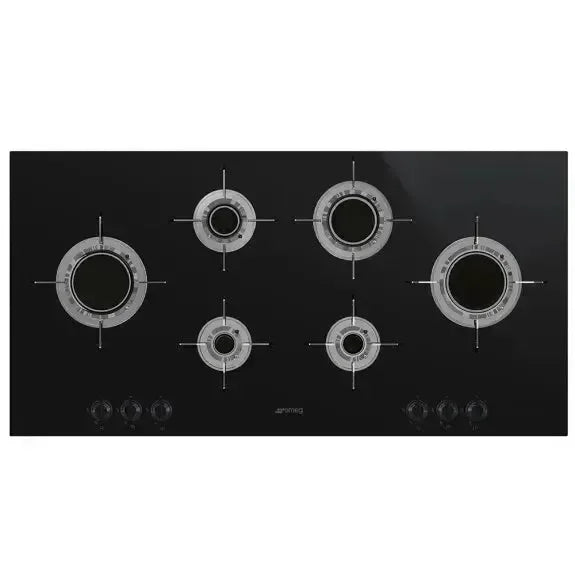 Black glass gas cooktop with five burners and front controls for modern kitchen appliances