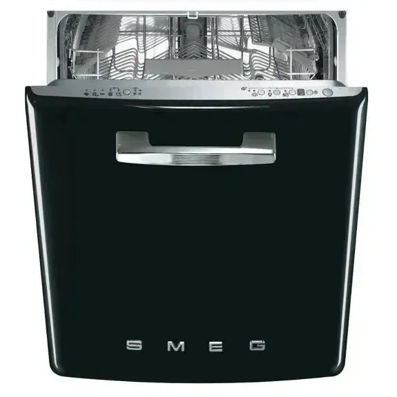 SMEG black dishwasher with stainless steel interior and control panel, sleek kitchen appliance design