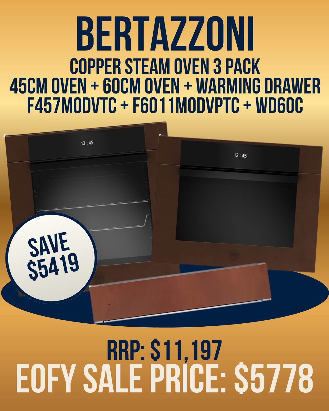Bertazzoni Copper Steam Oven 3 Pack 45cm Oven + 60cm Oven + Warming Drawer * ONE ONLY