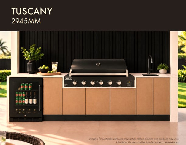 Product image of Euro Alfresco's Tuscany. Single door beverage cooler, 6 burner barbeque, sink  tap in 2.9m of cabinetry.