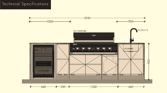 Technical Specifications detailing cabinetry dimensions and appliances supplied with Euro Alfresco's Tuscany. 