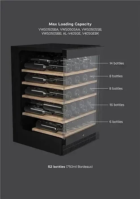 Black wine cooler with wooden shelves holding 52 bottles, labeled by capacity per shelf