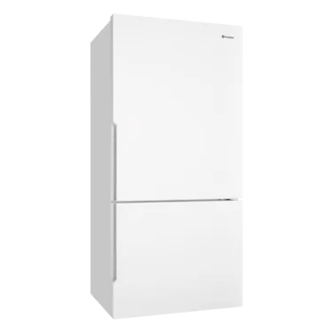 White upright refrigerator with top freezer, sleek modern design for kitchen appliance gallery