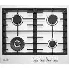 Stainless steel gas cooktop with four burners and black grates, ideal for modern kitchen appliances