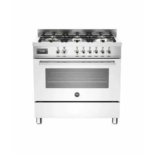 White 36-inch gas range with six burners, oven, and digital display for modern kitchen design