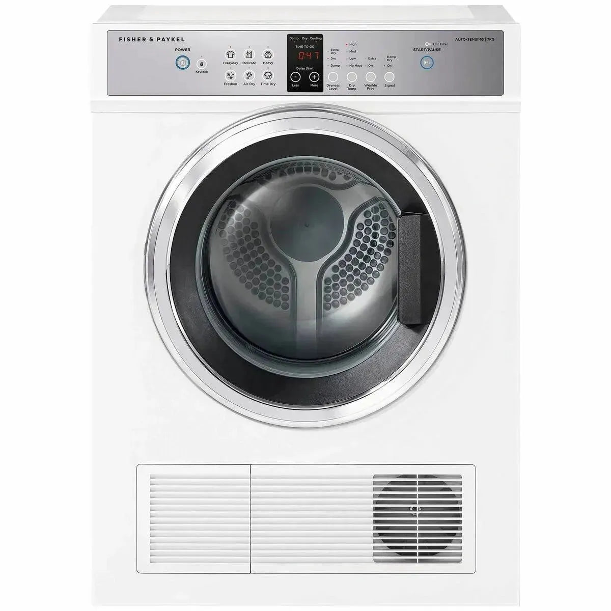 Fisher & Paykel front load dryer with digital controls and large glass door, ideal for modern kitchens