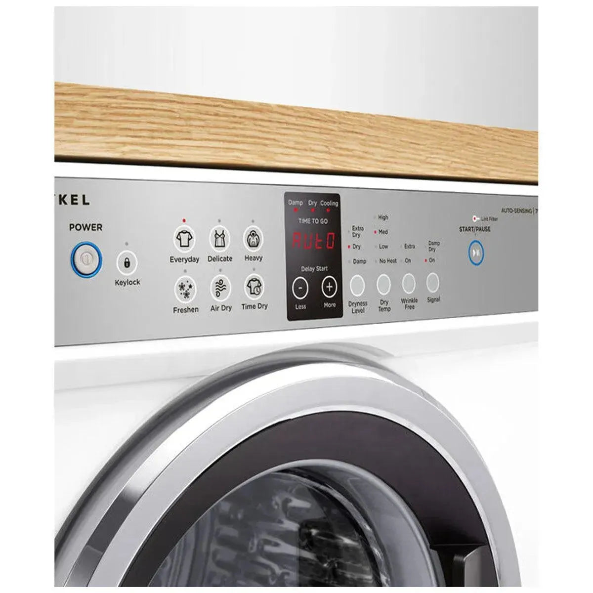 Modern front-load dryer with digital control panel, auto dry settings, and stainless steel finish for designer kitchens