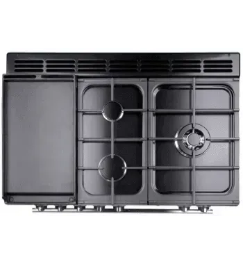 Black gas cooktop with griddle and burners for modern kitchen appliances