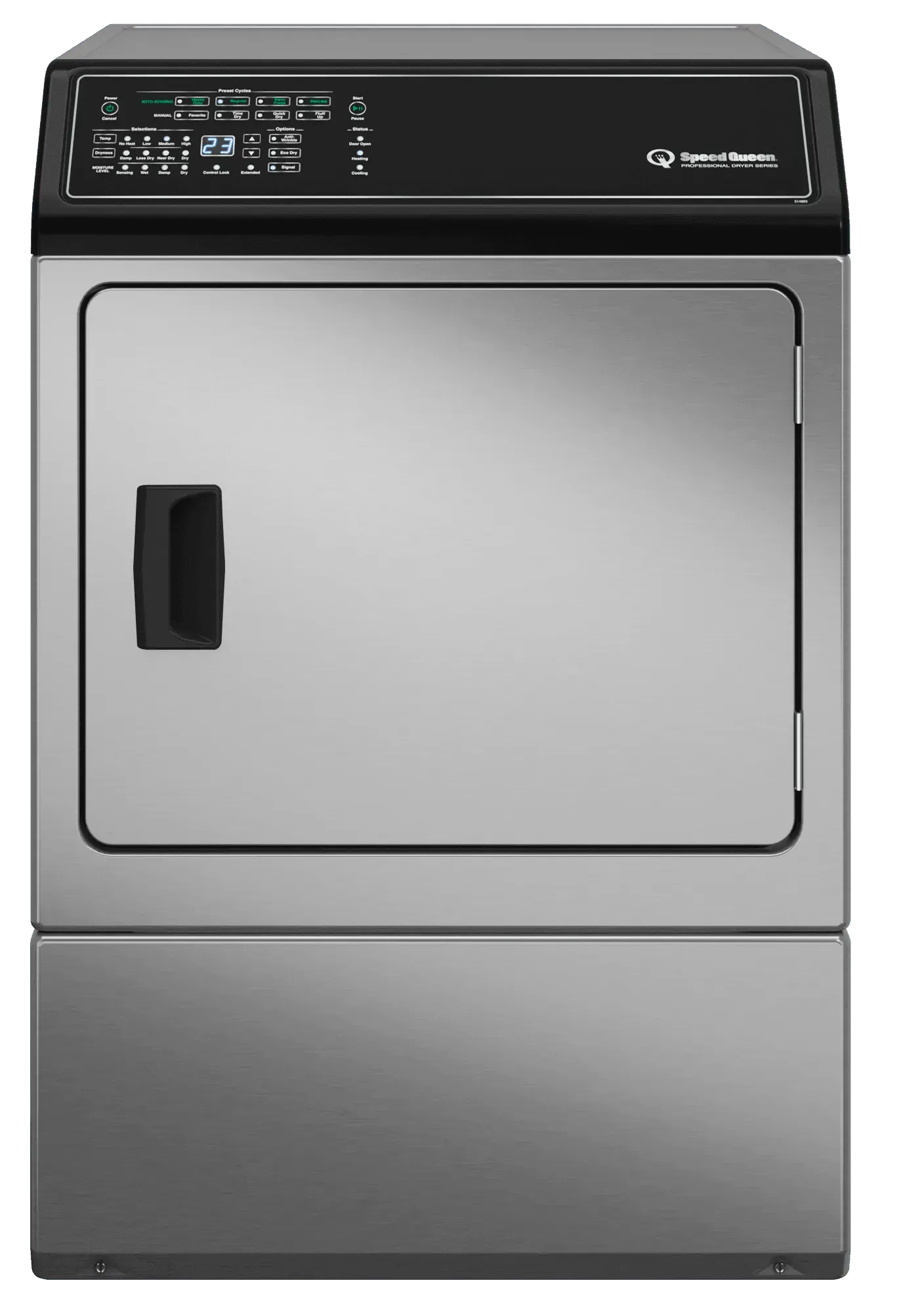 Stainless steel Speed Queen commercial dryer with digital control panel for home laundry