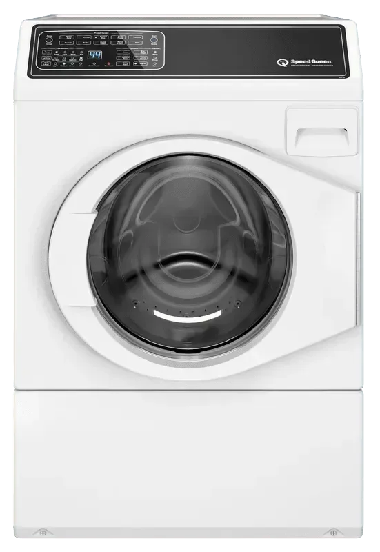 White front-load washing machine with digital control panel and large glass door, modern laundry appliance