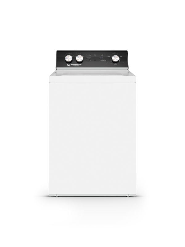 White top load washing machine with black control panel and silver knobs