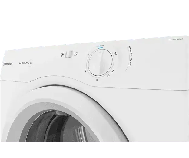 White front-load washing machine with EASYCARE settings and control dial for laundry cycles
