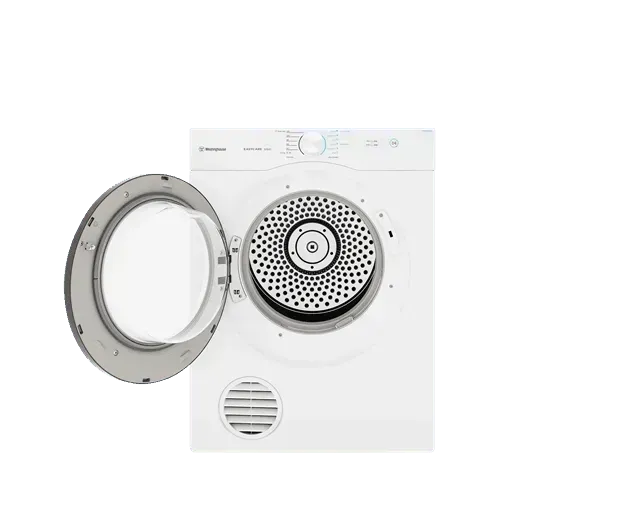 White front-load dryer with open door, showing drum interior and control panel for home laundry use